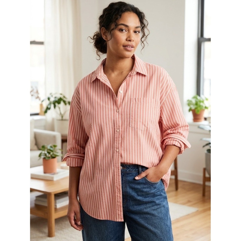 Women's Old Navy The Boyfriend Shirt Coral Pink White Striped Cotton Button Down